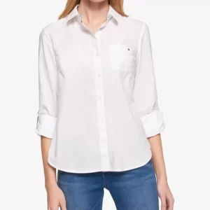 TOMMY HILFIGER Women's Cotton Roll-Tab Button-Up Shirt